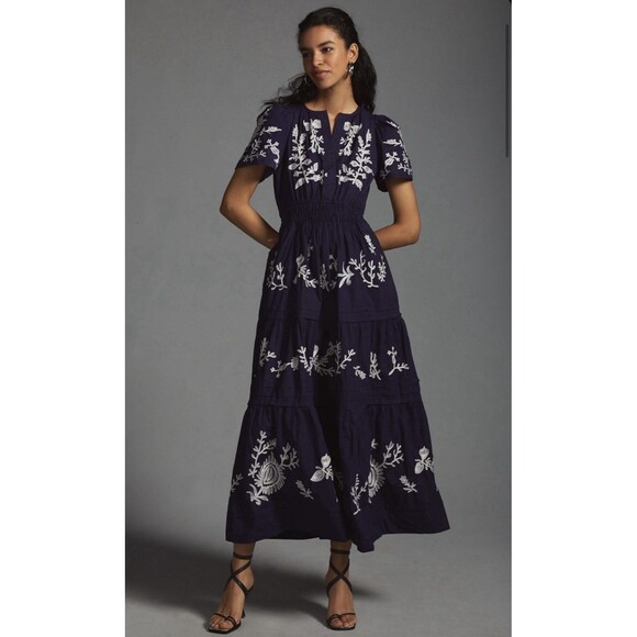 Anthropologie Embroidered Somerset Maxi Dress Navy Sz Small EUC - Picture 1 of 12